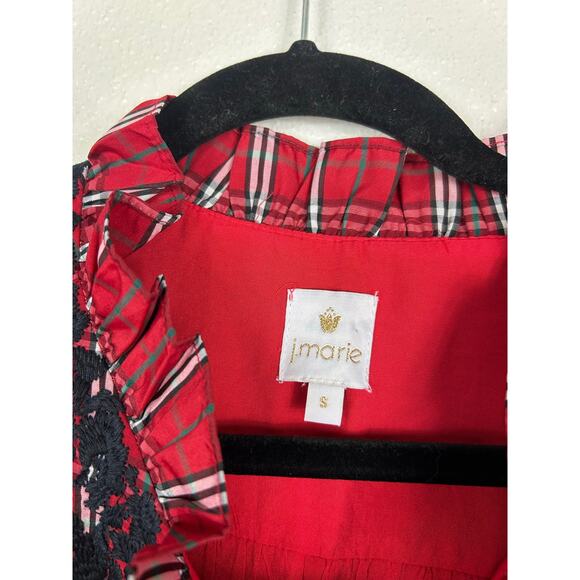 J. Marie Rayna Embroidered Ruffle Plaid Top Small Red Cottage Preppy - Picture 7 of 9